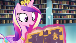 Size: 1280x720 | Tagged: safe, derpibooru import, screencap, princess cadance, alicorn, pony, the crystalling, book, bookshelf, female, library, magic, mare, solo, telekinesis