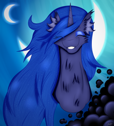 Size: 1942x2146 | Tagged: safe, artist:thebenalpha, derpibooru import, princess luna, alicorn, pony, chest fluff, ear fluff, eyes closed, grin, makeup, moon, smiling, smiling at you