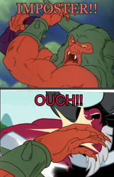 Size: 659x1024 | Tagged: safe, derpibooru import, edit, edited screencap, screencap, lord tirek, tirac, centaur, g1, rescue at midnight castle, the ending of the end, beard, caption, exploitable meme, facial hair, fight, g1 to g4, generation leap, horns, image macro, meme, muscles, rainbow of darkness, roar, slap, teeth, text, tirac slap, tirekabuse