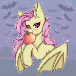 Size: 900x900 | Tagged: safe, artist:saltyvity, derpibooru import, fluttershy, bat, bat pony, pony, apple, bat ponified, female, flutterbat, food, looking at you, mare, race swap, wings