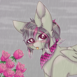 Size: 900x900 | Tagged: safe, artist:saltyvity, derpibooru import, oc, oc only, bat pony, pony, female, flower, looking at you, mare, rain, rose, sad, tongue out