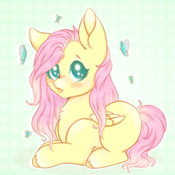 Size: 900x900 | Tagged: safe, artist:saltyvity, derpibooru import, fluttershy, butterfly, pegasus, pony, cute, female, mare, shyabetes, tongue out, unshorn fetlocks