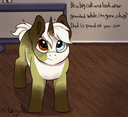 Size: 2196x2000 | Tagged: safe, artist:inyah, derpibooru import, oc, oc only, pony, unicorn, colt, dialogue, foal, heterochromia, horn, looking up, male, unicorn oc