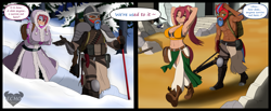 Size: 5100x2100 | Tagged: safe, artist:ponyecho, derpibooru import, oc, oc:nell clearfield, oc:northern shield, anthro, earth pony, plantigrade anthro, armor, axe, beard, bikini, chaps, clothes, coat, cold, desert, facial hair, female, futa, gun, hot, intersex, irony, male, muscles, muscular female, rifle, ruins, scar, snow, speech bubble, sweat, swimsuit, text, tree, tundra, weapon, winter outfit