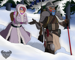 Size: 2500x2000 | Tagged: safe, artist:ponyecho, derpibooru import, oc, oc:nell clearfield, oc:northern shield, anthro, armor, axe, beard, clothes, coat, cold, facial hair, futa, gun, helmet, intersex, male, rifle, snow, textless version, tree, tundra, walking stick, weapon, winter outfit