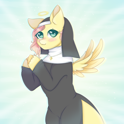 Size: 1000x1000 | Tagged: safe, artist:saltyvity, derpibooru import, fluttershy, angel, pegasus, pony, bipedal, blush sticker, blushing, colored hooves, cross, cross necklace, eyelashes, female, flutternun, green eyes, habit, halo, innocent, jewelry, looking at you, mare, necklace, pink hair, praying, side slit, spread wings, thighs, wide hips, wings, yellow coat