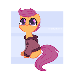 Size: 2500x2500 | Tagged: safe, artist:watchoutoprah, derpibooru import, scootaloo, pegasus, pony, clothes, cute, cutealoo, female, filly, hoodie, sitting, smiling, solo