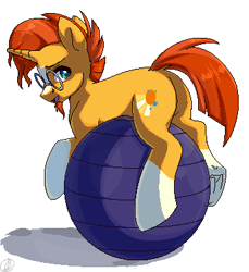 Size: 342x373 | Tagged: safe, artist:tigra0118, derpibooru import, sunburst, pony, unicorn, ball, beard, butt, exercise ball, facial hair, frog (hoof), glasses, grin, male, plot, simple background, smiling, solo, stallion, underhoof, white background, yoga ball