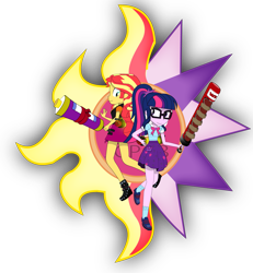 Size: 1527x1654 | Tagged: safe, artist:jcpreactyt, derpibooru import, sci-twi, sunset shimmer, twilight sparkle, equestria girls, clothes, cutie mark, duo, energy weapon, female, gages, lesbian, meter, school uniform, scitwishimmer, shipping, shirt, shoes, simple background, skirt, sparkles, sunsetsparkle, transparent background, weapon