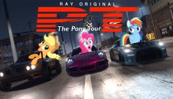 Size: 3000x1710 | Tagged: safe, artist:musical ray, derpibooru import, applejack, pinkie pie, rainbow dash, earth pony, pegasus, pony, car, dodge charger, need for speed, night, nissan gt-r, porsche 911, the grand tour