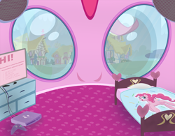 Size: 3210x2510 | Tagged: safe, derpibooru import, pinkie pie, earth pony, pony, bed, breaking the fourth wall, console, eye, eyes, fourth wall, head, inside, inside head, offscreen character, ponyville, pov, television, video game