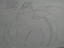 Size: 2592x1944 | Tagged: safe, artist:princebluemoon3, derpibooru import, ocellus, changeling, bingo wings, double chin, fat, female, grayscale, monochrome, morbidly obese, obese, ocellulite, ocellus is not amused, sketch, solo, solo female, traditional art, unamused