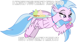 Size: 1280x703 | Tagged: safe, artist:frownfactory, derpibooru import, edit, silverstream, classical hippogriff, hippogriff, she's all yak, caption, chips, cupcake, eating, food, jewelry, meme, necklace, plate, simple background, smiling, smirk, teasing, teasing you, text, transparent background