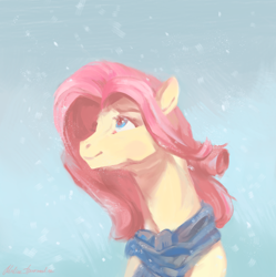 Size: 1594x1598 | Tagged: safe, artist:malinetourmaline, derpibooru import, fluttershy, pegasus, pony, bust, female, looking up, mare, scarf, snow, snowfall, solo