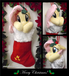 Size: 1725x1904 | Tagged: safe, artist:peruserofpieces, derpibooru import, fluttershy, pegasus, pony, christmas, christmas stocking, cute, female, garland, holiday, holly, looking at you, mare, plushie, shy, shyabetes, solo