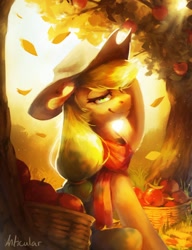 Size: 1106x1443 | Tagged: safe, artist:anticular, derpibooru import, applejack, earth pony, pony, apple, autumn, basket, clothes, falling leaves, female, food, harvest, leaf, lidded eyes, looking at you, mare, scarf, scenery, sitting, smiling, solo