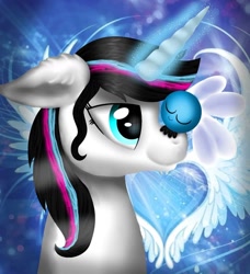 Size: 1080x1185 | Tagged: safe, artist:rxndxm.artist, derpibooru import, oc, oc only, oc:shooting star, parasprite, pony, unicorn, abstract background, bust, eyes closed, female, glowing horn, horn, mare, smiling, wings