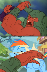 Size: 2000x3108 | Tagged: safe, derpibooru import, edit, edited screencap, screencap, lord tirek, rainbow dash, tirac, centaur, pegasus, pony, g1, rescue at midnight castle, the mysterious mare do well, abuse, bag, caption, claws, dashabuse, exploitable meme, eyes closed, fangs, female, g1 to g4, generation leap, horns, image macro, male, mare, meme, rainbow of darkness, slap, spit, text, tirac slap