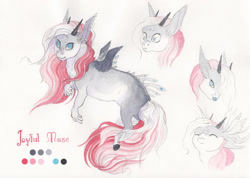 Size: 2000x1427 | Tagged: safe, artist:lady-limule, derpibooru import, original species, pony, bust, female, horns, rearing, reference sheet, story included, traditional art, wings