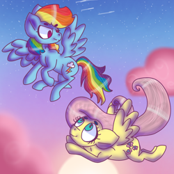 Size: 768x768 | Tagged: safe, artist:donidyde, derpibooru import, fluttershy, rainbow dash, pegasus, pony, background, cloud, duo, duo female, female, flying, mare, sky, sun, sunset, wings