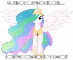 Size: 474x389 | Tagged: safe, derpibooru import, princess celestia, alicorn, pony, caption, imminent tickles, looking at you, meme, raised hoof, smiling, spread wings, text, this will end in tickles, uh oh, wings