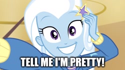 Size: 1820x1020 | Tagged: safe, derpibooru import, edit, edited screencap, screencap, trixie, better together, do it for the ponygram!, equestria girls, caption, female, image macro, kuchisake onna, meme, smiling, solo, text, the fairly oddparents, trixie tang