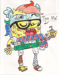 Size: 567x720 | Tagged: safe, artist:the-star-hunter, derpibooru import, rainbow dash, anthro, clothes, disturbing, eyes closed, feet, glasses, hat, hipster, male, male feet, open mouth, sandals, scarf, spongebob squarepants, starbucks, talking, traditional art