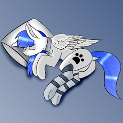 Size: 1580x1580 | Tagged: safe, alternate version, artist:thejustastaroth, derpibooru import, oc, oc:snow pup, pegasus, pony, clothes, collar, dock, eyebrows visible through hair, eyes closed, featureless crotch, floppy ears, folded wings, paw prints, pegasus oc, pet tag, pillow, simple background, sleeping, smiling, socks, striped socks, wings