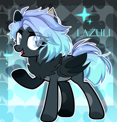 Size: 1240x1296 | Tagged: safe, artist:lazuli, derpibooru import, oc, oc only, bat pony, pony, bat pony oc, bat wings, chest fluff, colored hooves, commission, eye clipping through hair, eyelashes, open mouth, raised hoof, signature, smiling, solo, wings, ych result
