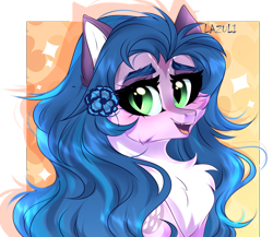 Size: 3770x3277 | Tagged: safe, artist:lazuli, derpibooru import, oc, oc only, earth pony, pony, bust, chest fluff, commission, earth pony oc, eyelashes, flower, flower in hair, simple background, smiling, solo, transparent background, ych result