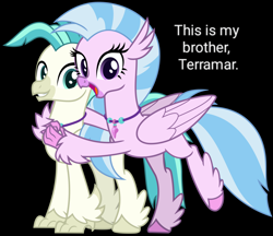 Size: 3700x3200 | Tagged: safe, artist:cheezedoodle96, silverstream, terramar, classical hippogriff, hippogriff, school daze, surf and/or turf, .svg available, brother and sister, duo, female, happy, hug, image macro, looking at you, male, raised hoof, siblings, simple background, smiling, svg, text, text edit, transparent background, vector