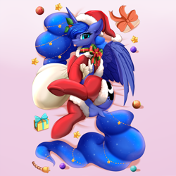 Size: 3892x3892 | Tagged: safe, artist:pridark, princess luna, alicorn, pony, :p, blushing, christmas, christmas ornament, christmas stocking, clothes, decoration, dock, ear fluff, featureless crotch, female, hat, high res, holiday, mare, present, ribbon, sack, santa hat, socks, solo, thigh highs, tongue out, underhoof