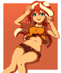 Size: 2500x3000 | Tagged: safe, artist:rockset, sunset shimmer, equestria girls, female, looking at you, shorts, smiling, solo, solo female