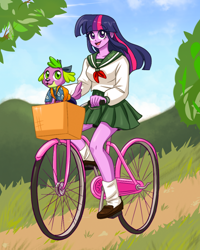 Size: 1024x1277 | Tagged: safe, artist:ameliacostanza, artist:copshop, spike, twilight sparkle, collaboration, equestria girls, anime, basket, bicycle, clothes, cloud, crossover, cute, female, inuyasha, male, skirt