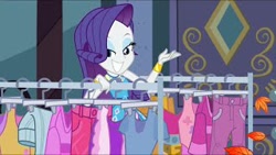 Size: 320x180 | Tagged: safe, derpibooru import, screencap, rarity, better together, equestria girls, street chic, bracelet, clothes, clothes rack, eyeshadow, geode of shielding, jewelry, leaf, leaves, lidded eyes, magical geodes, makeup, smiling, smiling at you, wind, wind blowing, window