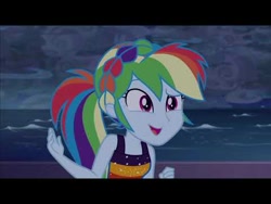 Size: 480x360 | Tagged: safe, derpibooru import, screencap, better together, equestria girls, spring breakdown, black bars, clothes, determination, determined, dress, geode of super speed, headband, magical geodes, multicolored hair, open mouth, ponytail, smiling