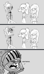 Size: 394x672 | Tagged: safe, artist:earth_pony_colds, derpibooru import, oc, oc only, oc:cherry bloom, oc:frosty shivers, oc:morning blast, equestria girls, armor, female, gray background, grayscale, looking at each other, monochrome, show accurate, simple background, sketch