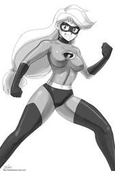 Size: 1000x1480 | Tagged: safe, artist:johnjoseco, derpibooru import, applejack, human, applerack, breasts, clothes, cosplay, costume, elastigirl, female, grin, humanized, monochrome, open mouth, smiling, superhero costume, the incredibles