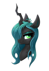 Size: 488x705 | Tagged: safe, artist:confetticakez, derpibooru import, queen chrysalis, changeling, changeling queen, bust, colored pupils, crown, female, hair over one eye, jewelry, portrait, regalia, simple background, solo, white background