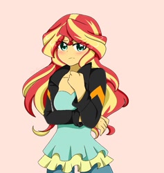 Size: 1125x1187 | Tagged: safe, artist:kittyrosie, derpibooru import, sunset shimmer, equestria girls, beige background, blushing, female, looking at you, simple background, solo