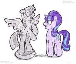 Size: 1121x947 | Tagged: safe, artist:artistnjc, derpibooru import, part of a set, starlight glimmer, twilight sparkle, twilight sparkle (alicorn), alicorn, pony, unicorn, the cutie re-mark, abuse, bad end, bipedal, evil grin, evil starlight, female, grin, mare, petrification, rearing, s5 starlight, simple background, smiling, spread wings, this will end in communism, transformation, trapped, turned to stone, twilybuse, white background, wings
