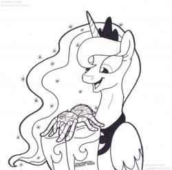 Size: 1143x1131 | Tagged: safe, artist:artistnjc, derpibooru import, princess luna, alicorn, pony, spider, tarantula, arachnid, happy, monochrome, pet, simple background, smiling, solo