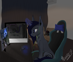 Size: 1625x1367 | Tagged: safe, artist:marimora, derpibooru import, oc, oc only, oc:taylor gans, oc:tenebris rokepin, bat pony, pony, unicorn, bat pony oc, bat wings, chair, computer, controller, couple, earbuds, female, game, gamer, male, wings