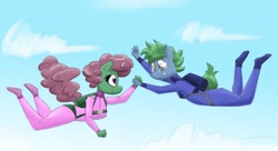 Size: 2000x1091 | Tagged: safe, artist:flutterthrash, derpibooru import, oc, oc only, oc:software patch, oc:windcatcher, anthro, clothes, commission, falling, harness, holding hands, jumpsuit, parachute, skydiving, tack