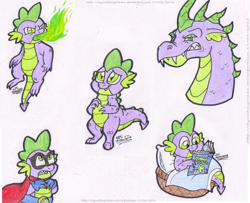 Size: 1483x1207 | Tagged: safe, artist:artistnjc, derpibooru import, humdrum, spike, dragon, adult, adult spike, breathing fire, comic book, cute, older, older spike, power ponies, reading, simple background, smiling, solo, spikabetes, spikezilla