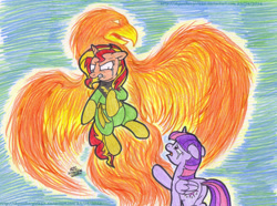 Size: 1571x1169 | Tagged: safe, artist:artistnjc, derpibooru import, sunset shimmer, twilight sparkle, twilight sparkle (alicorn), alicorn, phoenix, pony, unicorn, crossover, crying, fire, flying away, reaching out, spread wings, tears of pain, tears of sadness, the phoenix force, wings, x-men