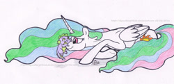 Size: 1571x759 | Tagged: safe, artist:artistnjc, derpibooru import, princess celestia, spike, alicorn, dragon, pony, baby, baby spike, cute, hatchling, lying down, momlestia, playing, prone, smiling, younger