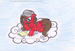 Size: 1233x853 | Tagged: safe, artist:artistnjc, derpibooru import, oc, oc only, oc:jayfeather, pegasus, pony, cloud, glasses, hat, hoof on chin, lying down, lying on a cloud, mouth hold, on a cloud, paper, pencil, simple background, solo, thinking