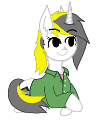 Size: 1810x2036 | Tagged: safe, artist:antique1899, derpibooru import, oc, oc only, oc:yellowglaze, pony, unicorn, 2021 community collab, chest fluff, clothes, crossed hooves, derpibooru community collaboration, digital art, ear fluff, eyelashes, lying down, shirt, simple background, smiling, solo, transparent background