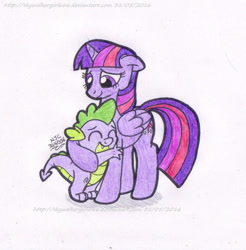 Size: 885x901 | Tagged: safe, artist:artistnjc, derpibooru import, spike, twilight sparkle, twilight sparkle (alicorn), alicorn, dragon, pony, big sister, cute, eyes closed, hug, little brother spike, smiling, spikabetes, spikelove, twiabetes